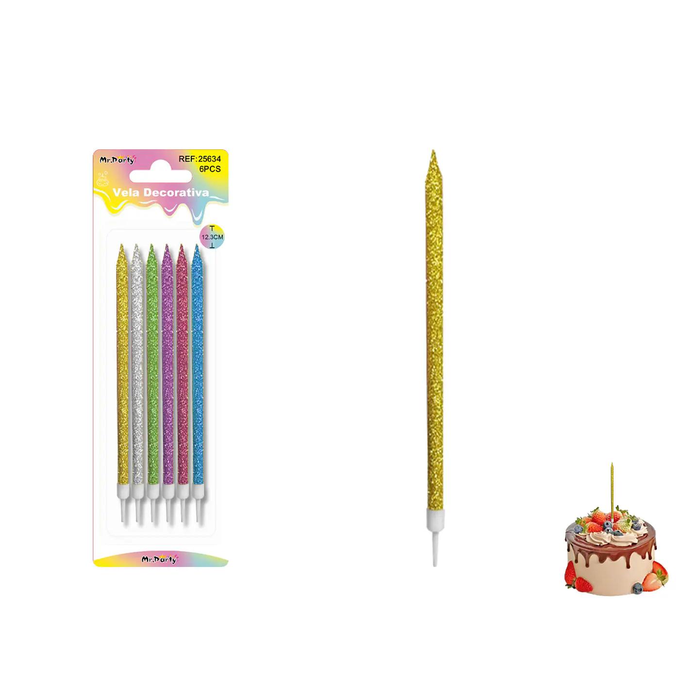 Velas largas con brillo surtidas 12.3cm 6pcs 1