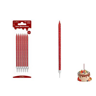 Velas largas con brillo rojas 12.3cm 6pcs