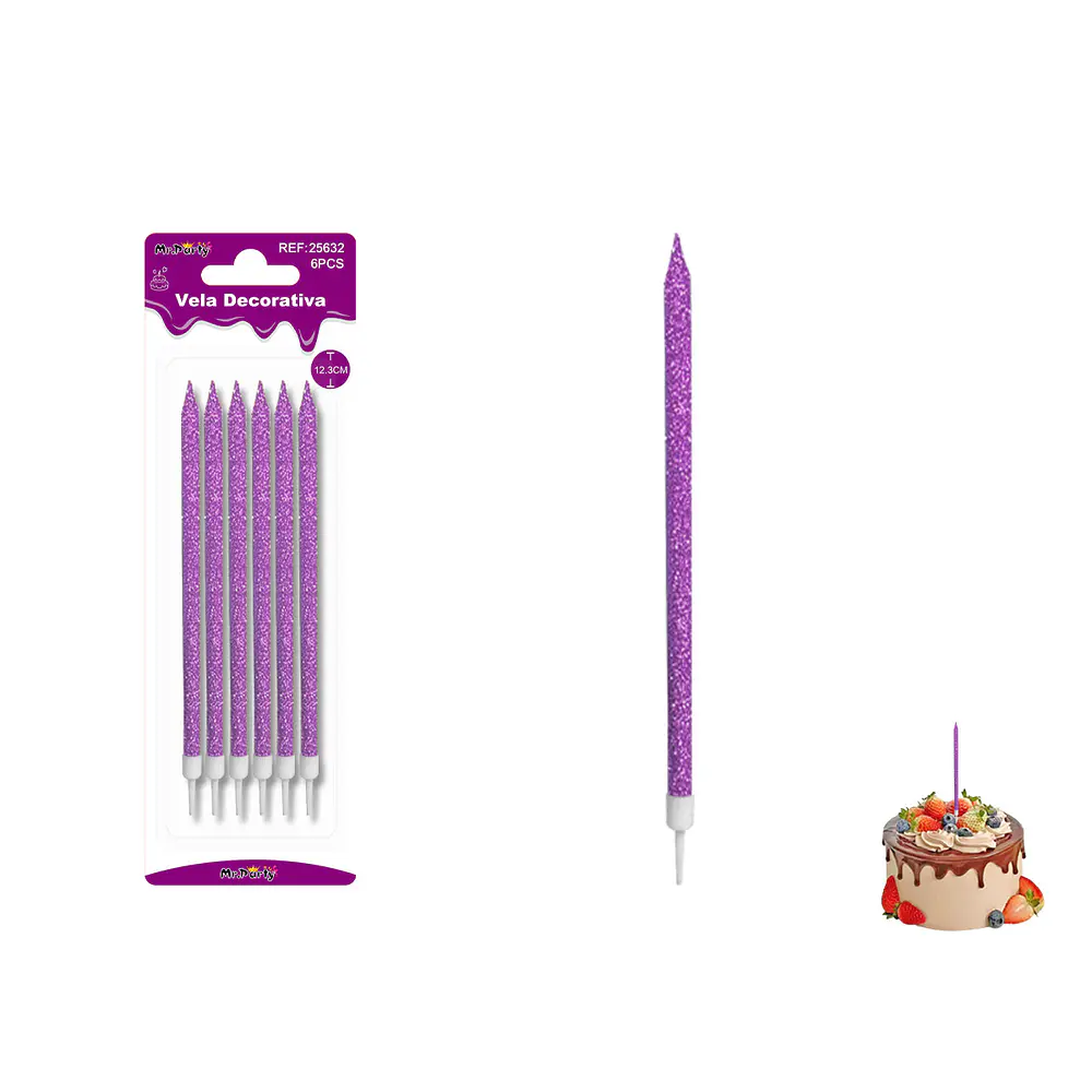 Velas largas con brillo moradas 12.3cm 6pcs