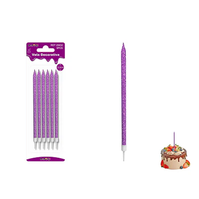 Velas largas con brillo moradas 12.3cm 6pcs