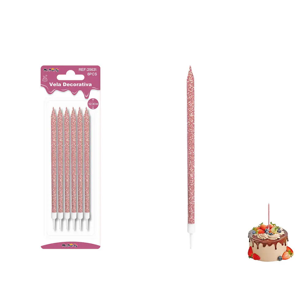 Velas largas con brillo rosadas 12.3cm 6pcs