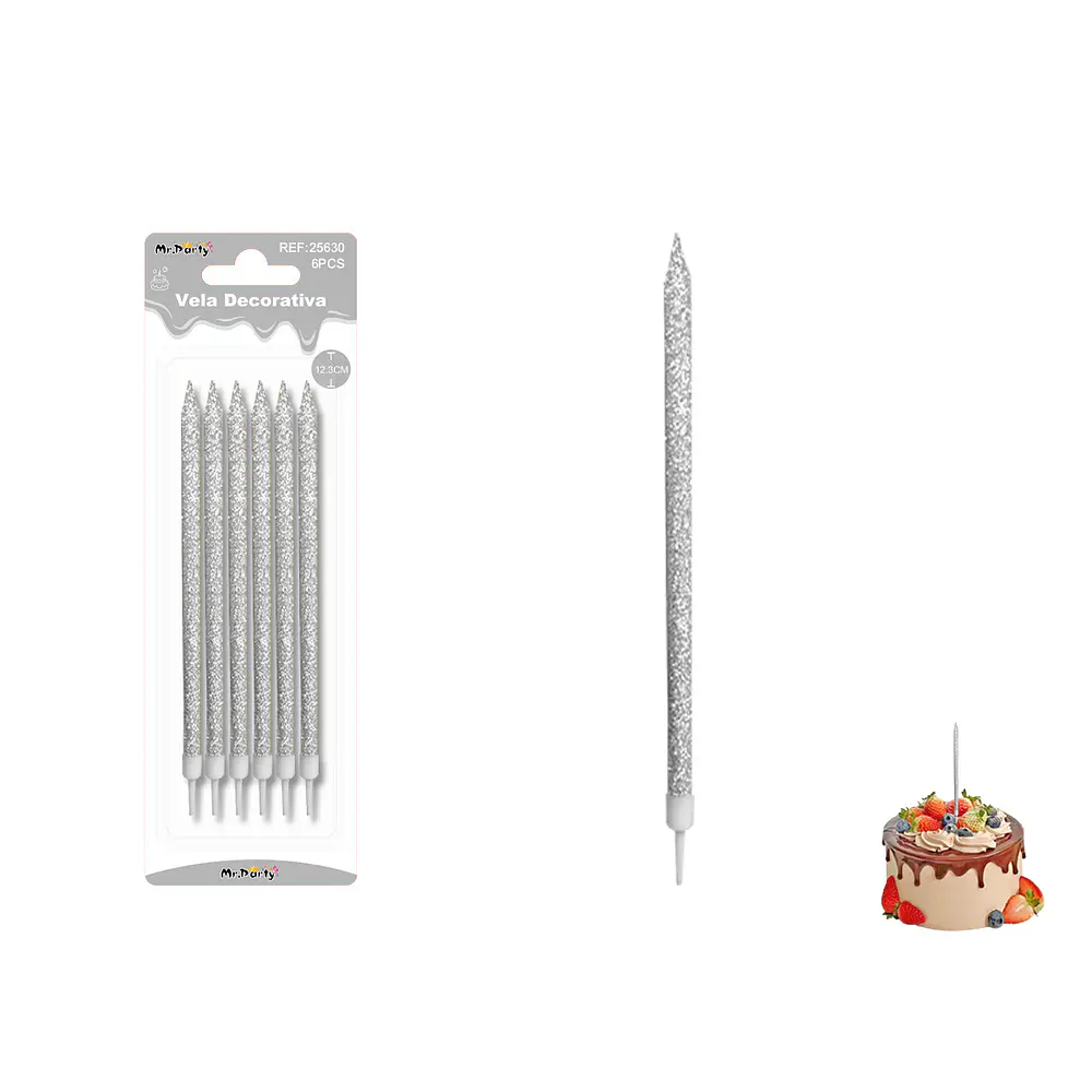 Velas largas con brillo plateadas 12.3cm 6pcs