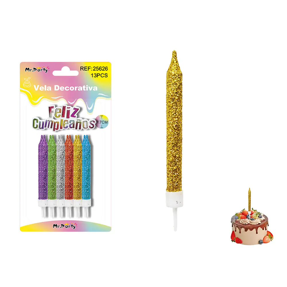 Velas rectas con brillo surtidas 7.7cm 12pcs