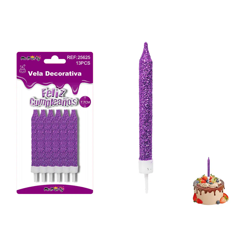 Velas rectas con brillo moradas 7.7cm 12pcs