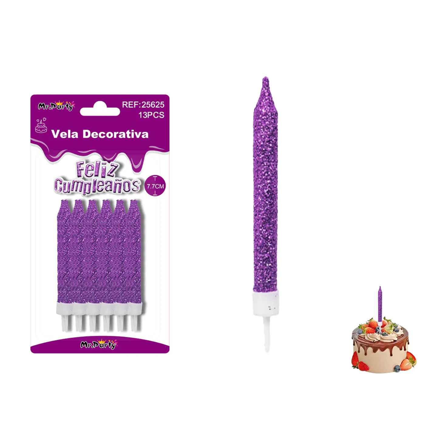 Velas rectas con brillo moradas 7.7cm 12pcs 1