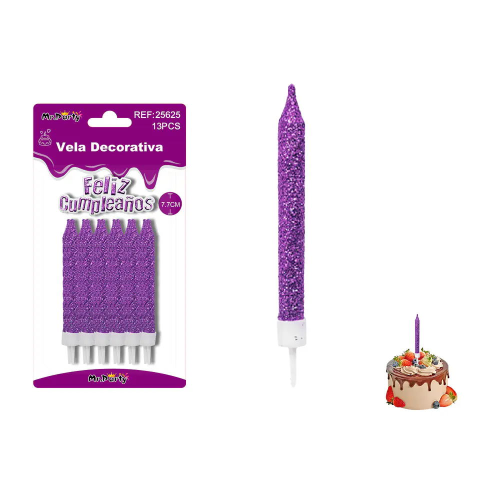 Velas rectas con brillo moradas 7.7cm 12pcs 1