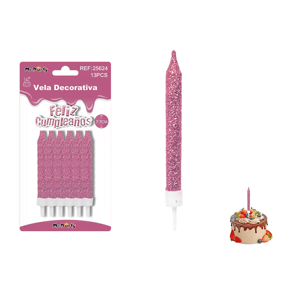 Velas rectas con brillo rosadas 7.7cm 12pcs