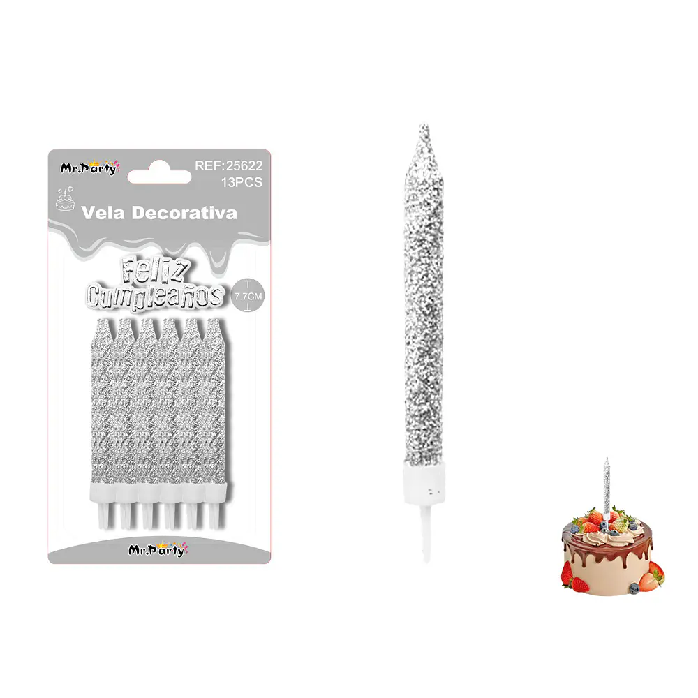 Velas rectas con brillo plateadas 7.7cm 12pcs