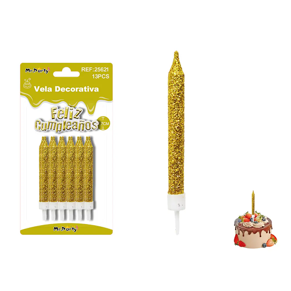 Velas rectas con brillo doradas 7.7cm 12pcs
