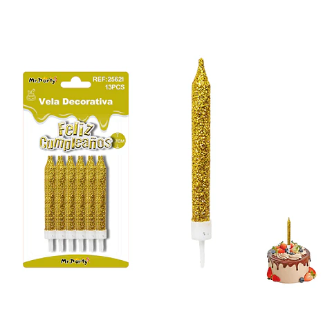 Velas rectas con brillo doradas 7.7cm 12pcs