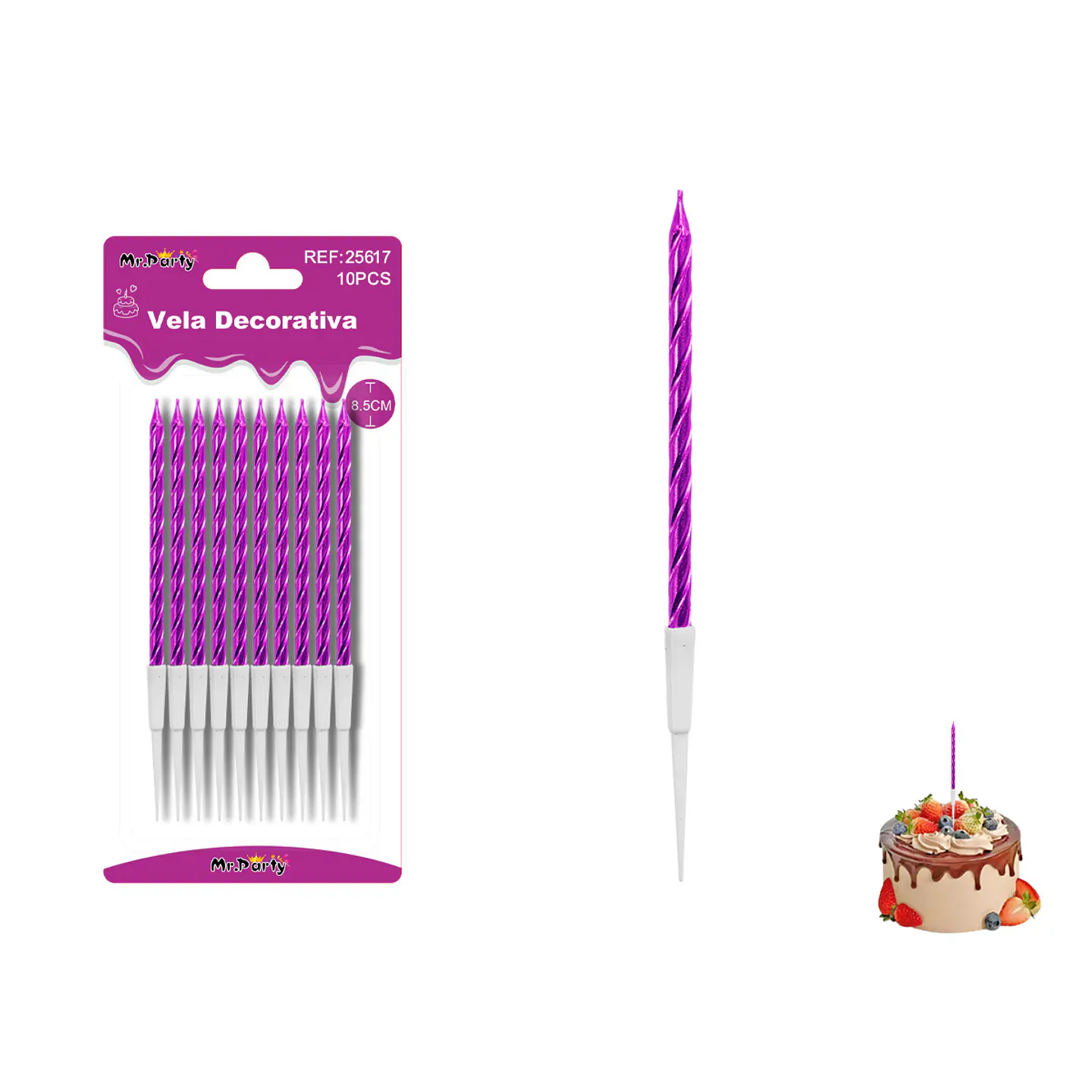 Velas espiraladas metalizadas moradas 8.5cm 10pcs 1