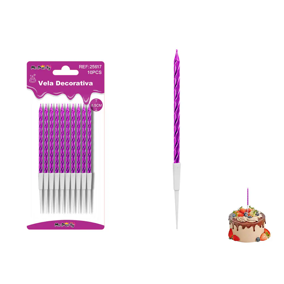 Velas espiraladas metalizadas moradas 8.5cm 10pcs 1