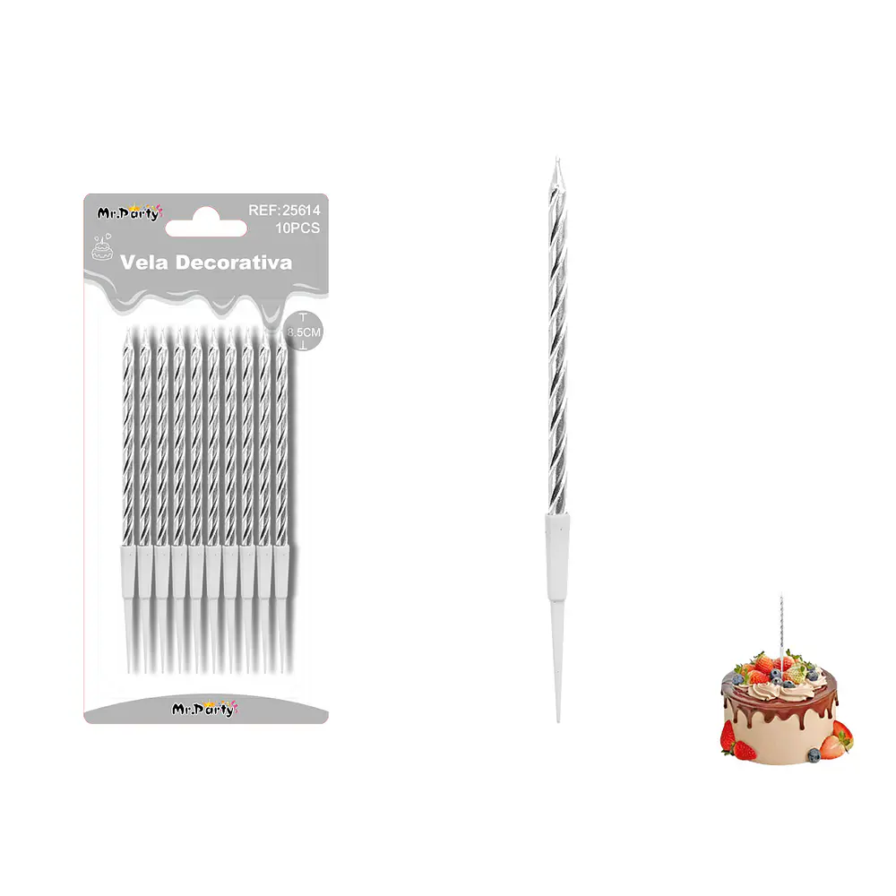 Velas espiraladas metalizadas plateadas 8.5cm 10pcs