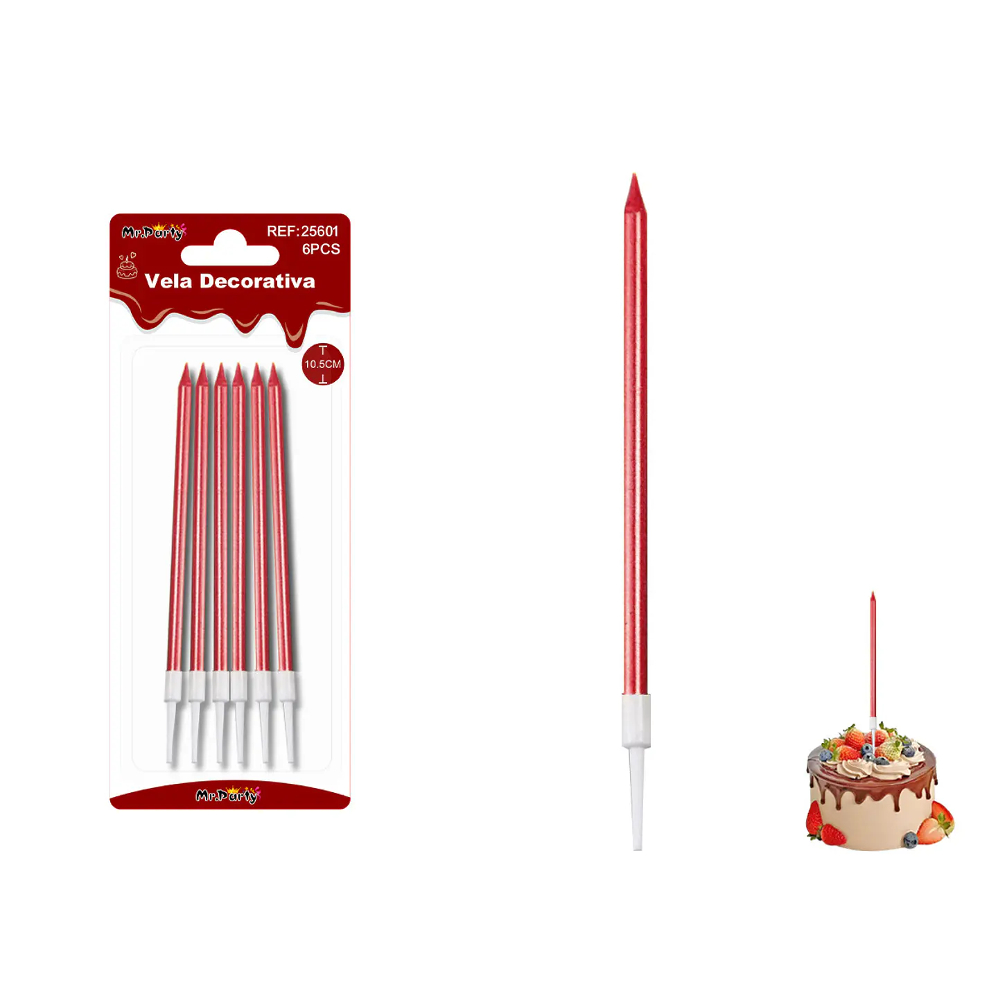 Velas rectas metalizadas rojas 10.5cm 6pcs 1
