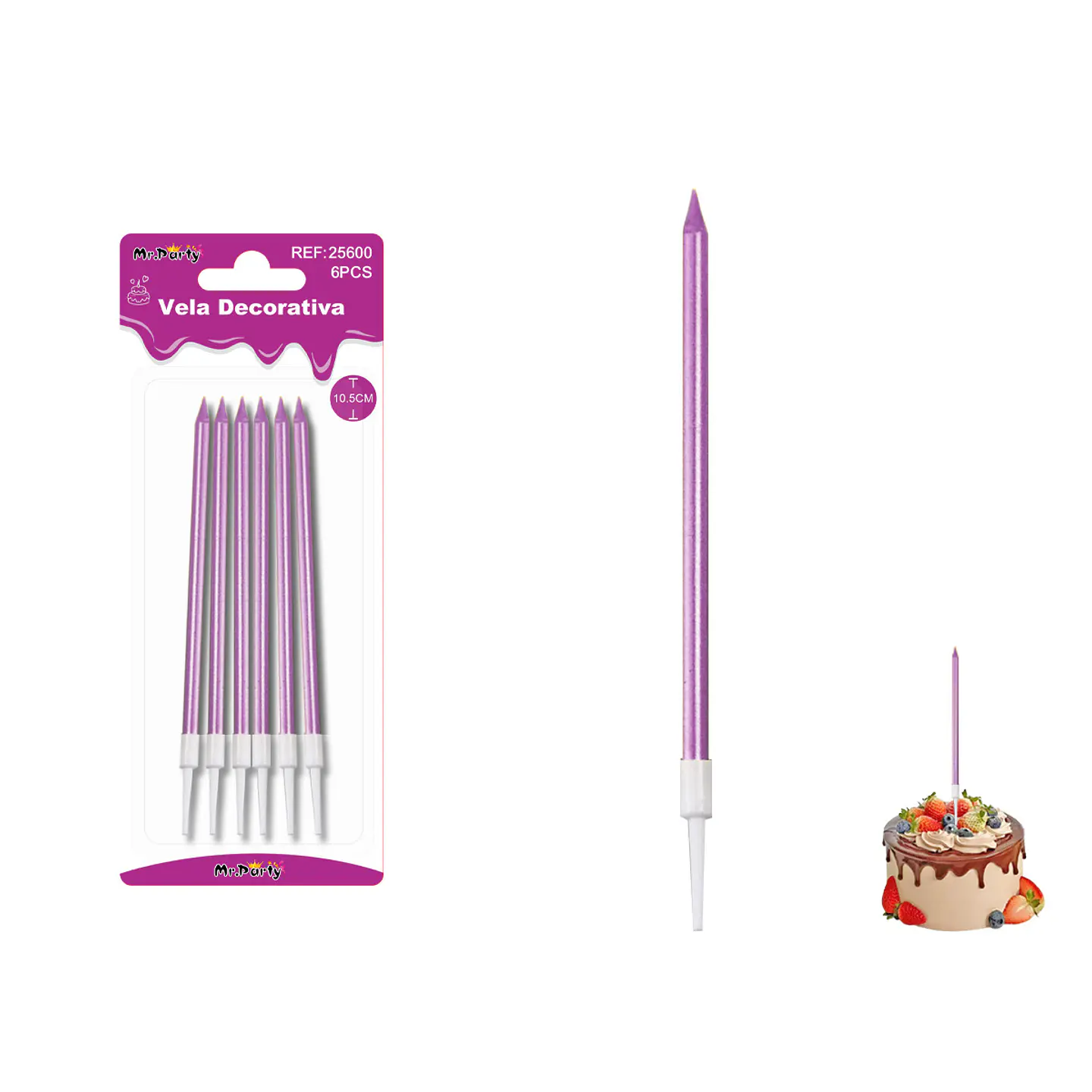 Velas rectas metalizadas moradas 10.5cm 6pcs 1