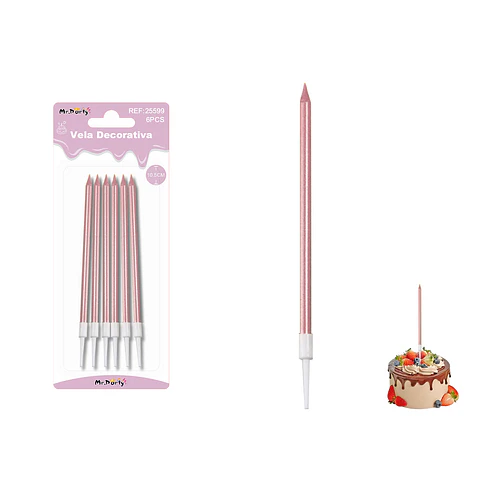 Velas rectas metalizadas rosadas 10.5cm 6pcs