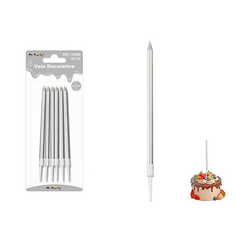 Velas rectas metalizadas plateadas 10.5cm 6pcs