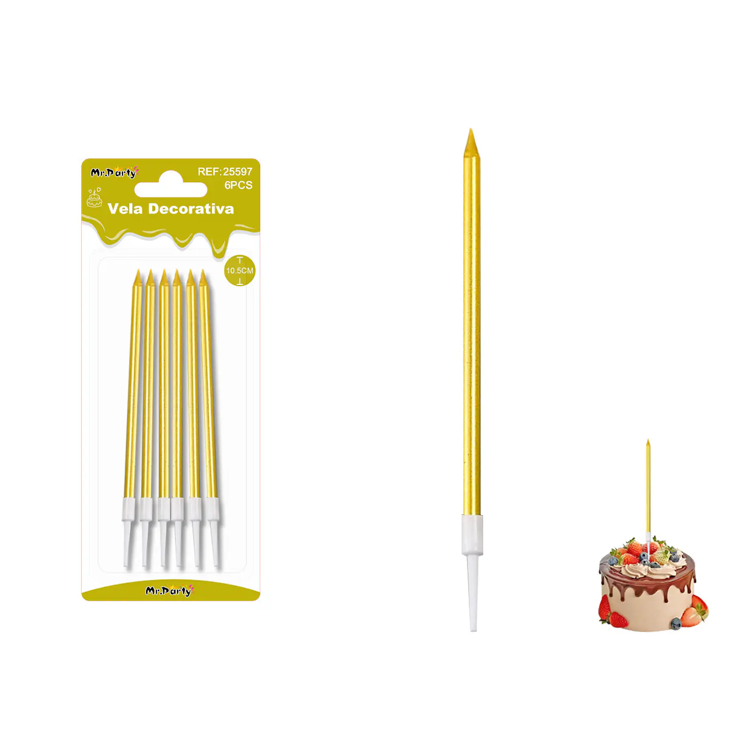 Velas rectas metalizadas doradas 10.5cm 6pcs 1