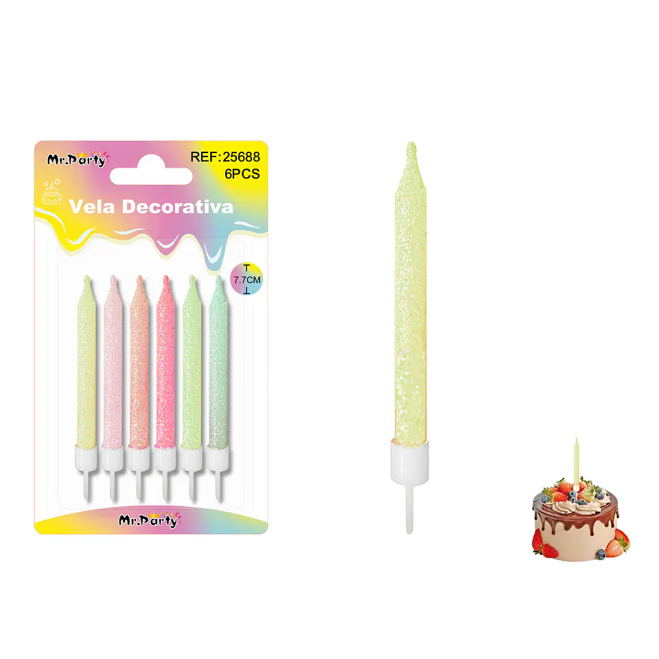 Velas cortas fluorescentes con brillo surtidas 7.7cm 6pcs 1