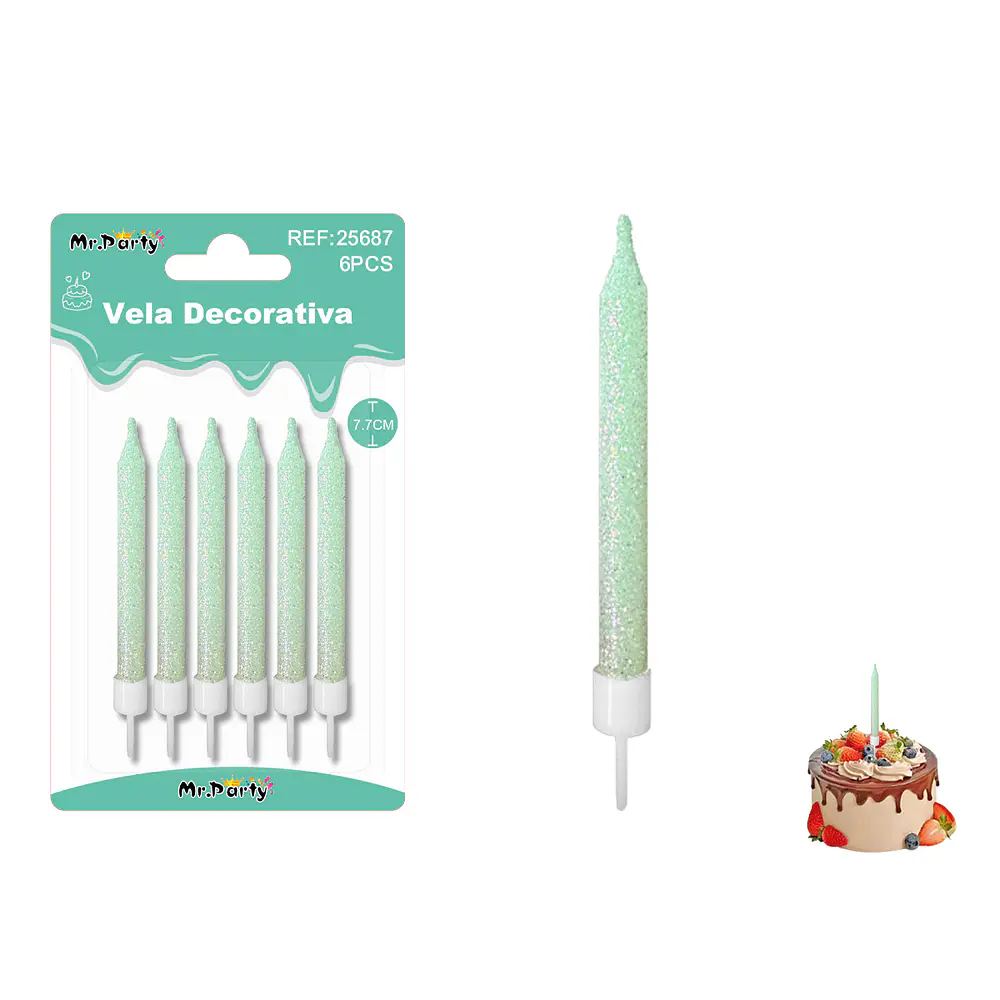 Velas cortas fluorescentes con brillo verdes 7.7cm 6pcs