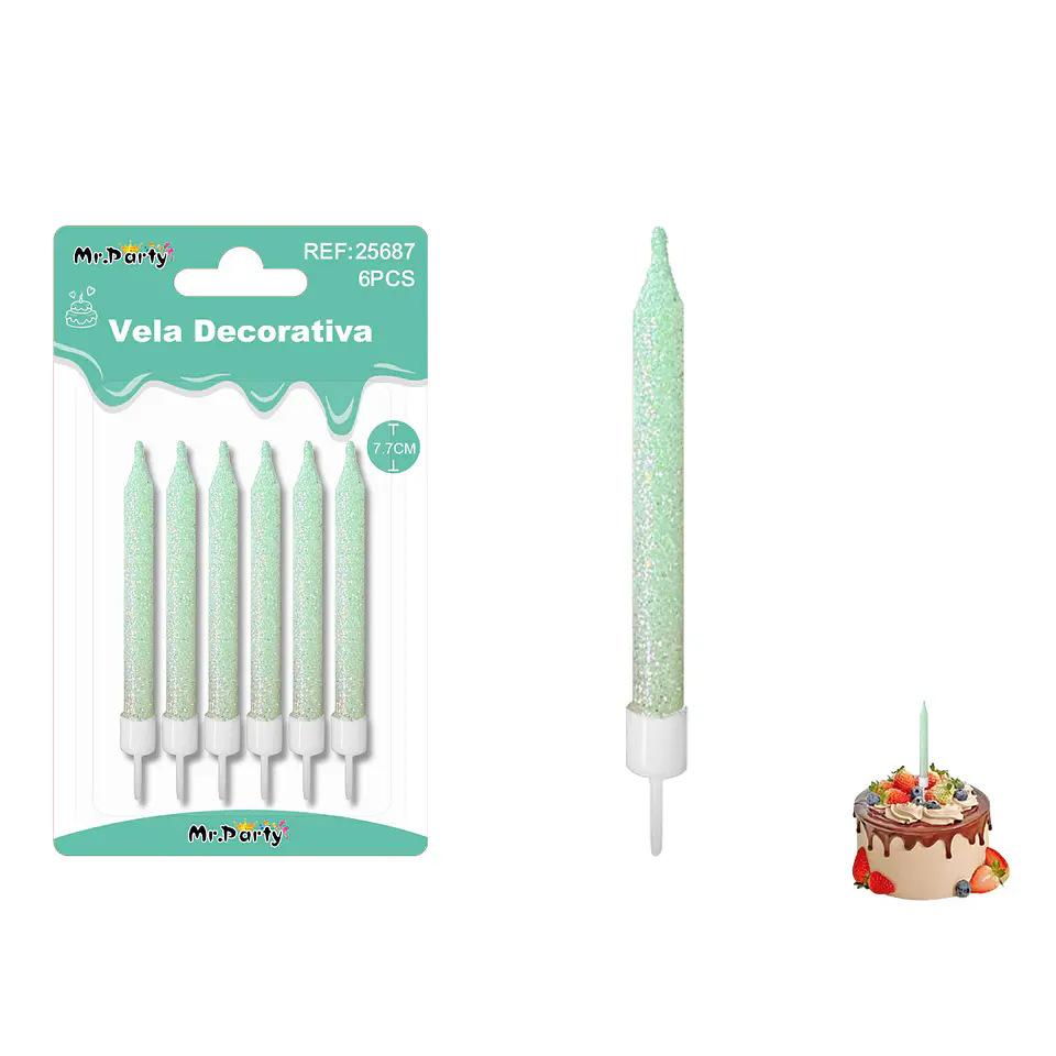 Velas cortas fluorescentes con brillo verdes 7.7cm 6pcs 1