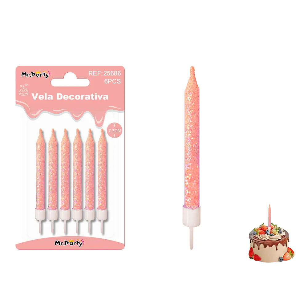 Velas cortas fluorescentes con brillo naranjo 7.7cm 6pcs