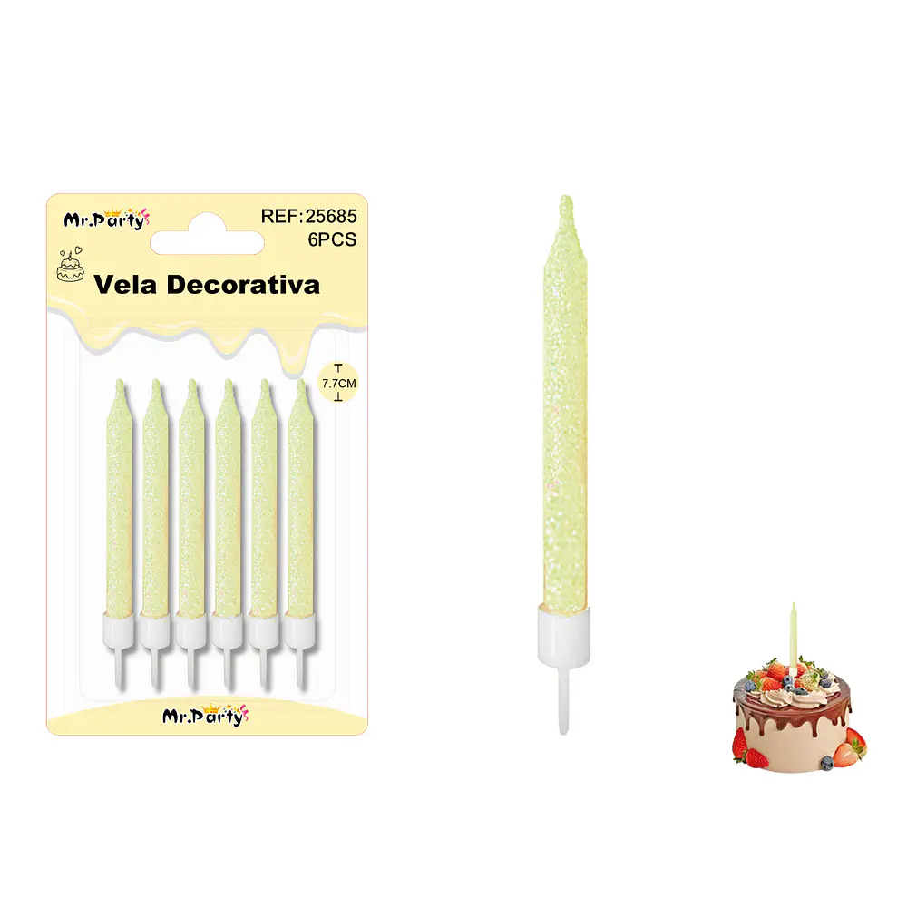 Velas cortas fluorescentes con brillo amarillas 7.7cm 6pcs