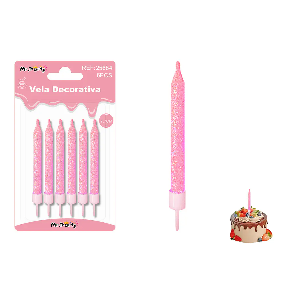 Velas cortas fluorescentes con brillo rosado 7.7cm 6pcs