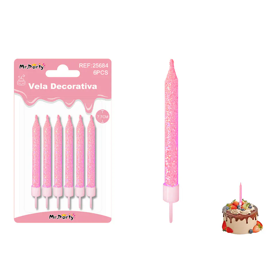 Velas cortas fluorescentes con brillo rosado 7.7cm 6pcs 1