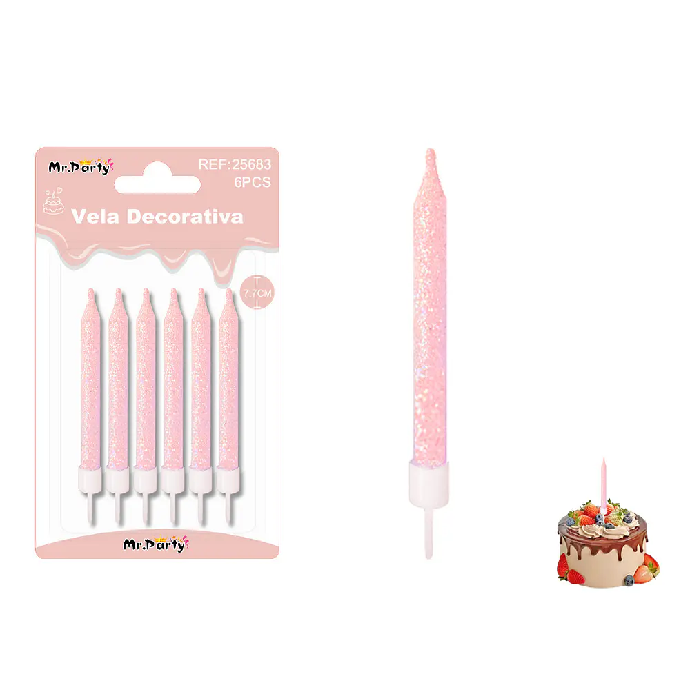 Velas cortas fluorescentes con brillo rosado claro 7.7cm 6pcs