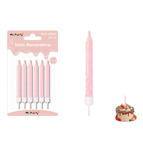Velas cortas fluorescentes con brillo rosado claro 7.7cm 6pcs
