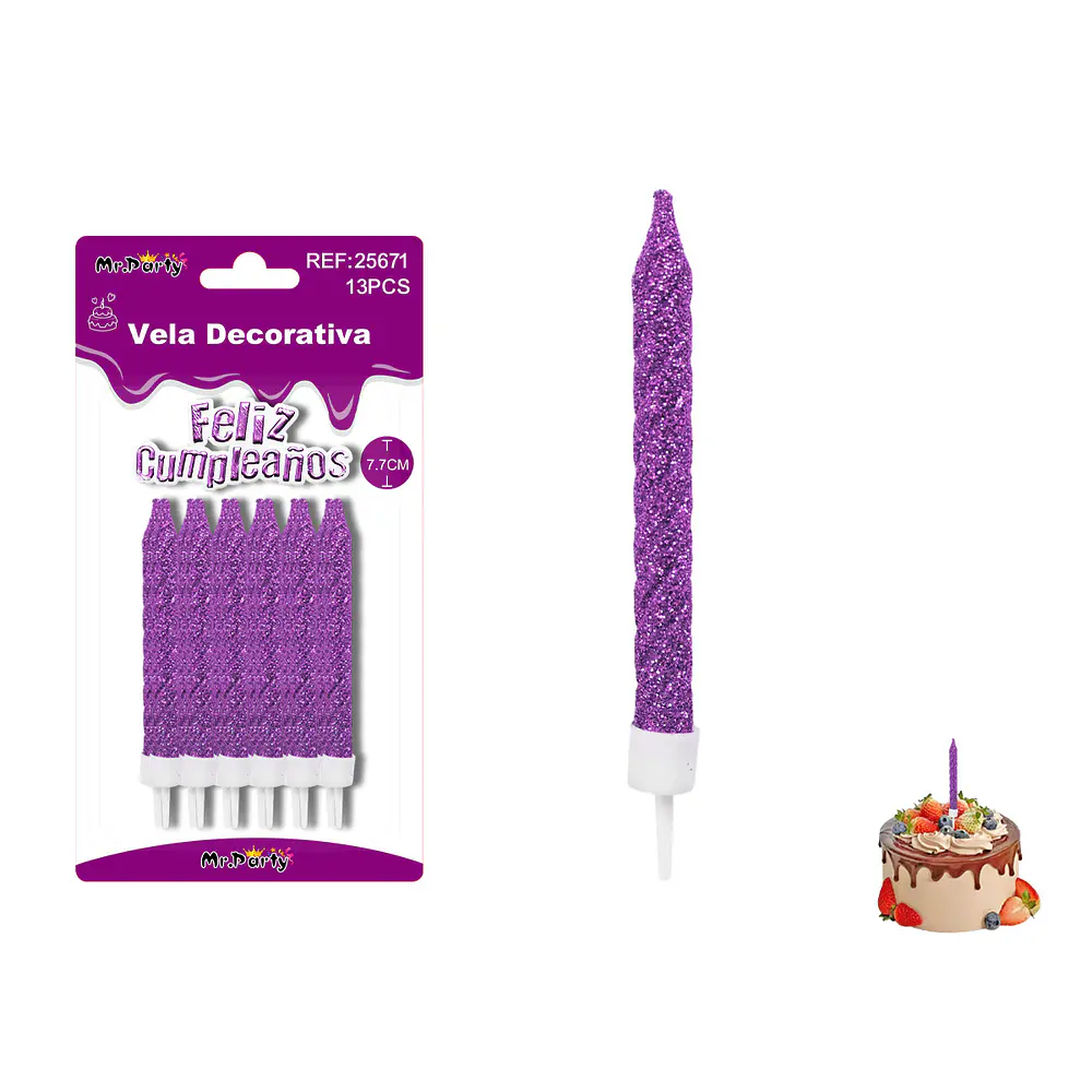 Velas espiraladas con brillo morado 7.7cm 12pcs