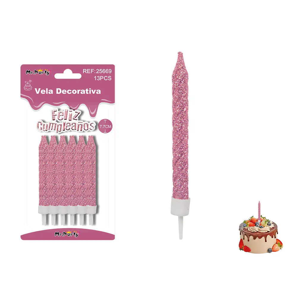 Velas espiraladas con brillo rosadas 7.7cm 12pcs
