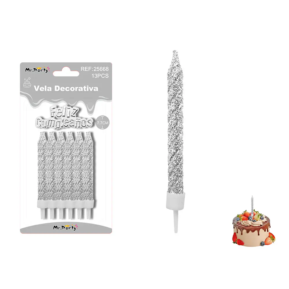 Velas espiraladas con brillo plateadas 7.7cm 12pcs