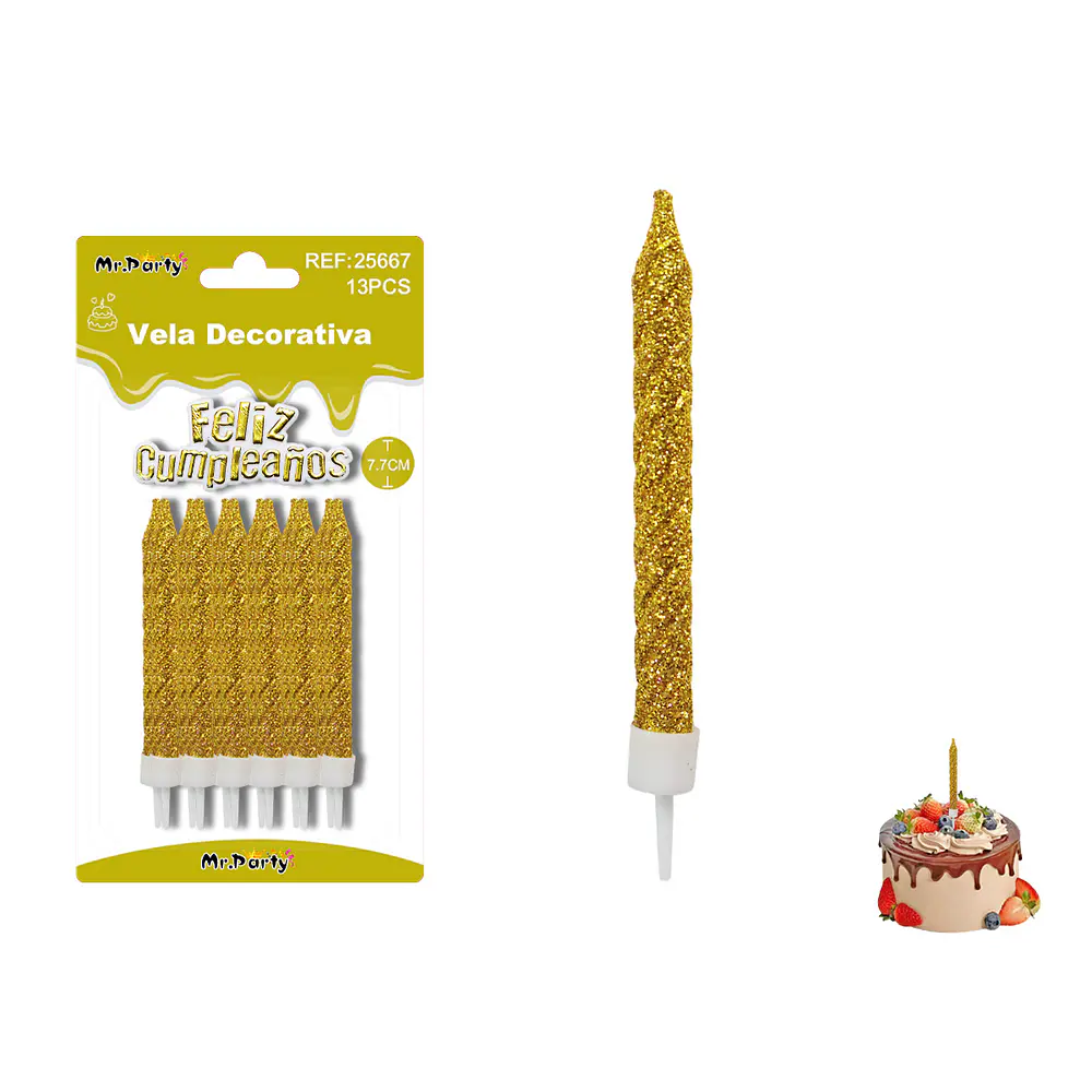 Velas espiraladas con brillo doradas 7.7cm 12pcs