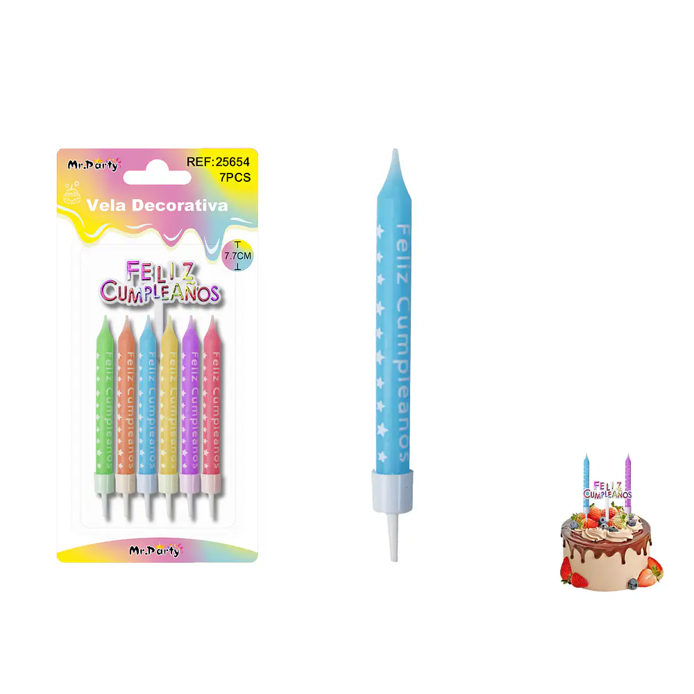 Velas rectas serigrafiadas colores candy con estrellas 7.7cm 6pcs
