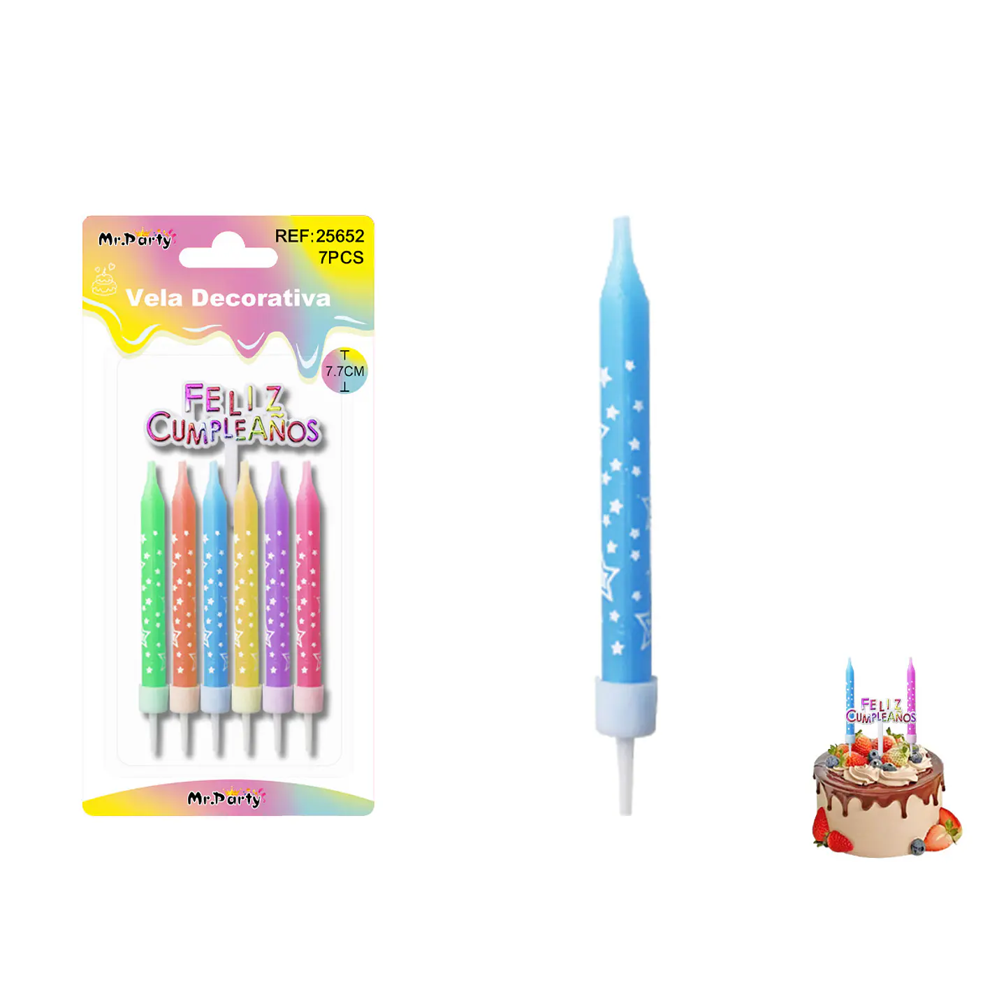 Velas rectas serigrafiadas colores candy con estrellas7.7cm 6pcs 1
