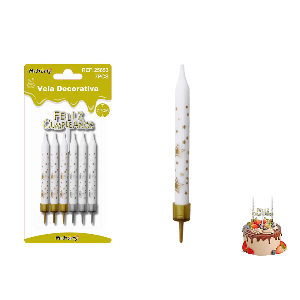 Velas rectas serigrafiadas con estrellas 7.7cm 6pcs