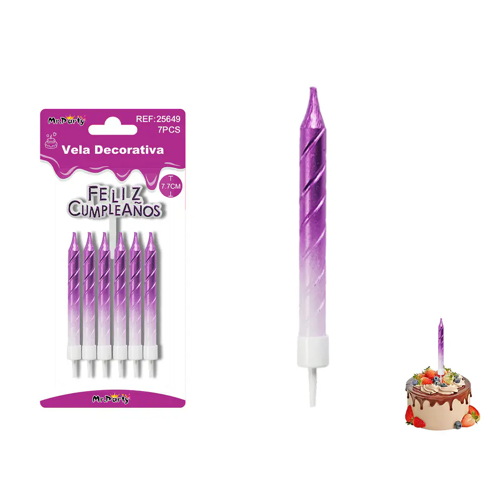 Velas espiraladas semimetalizadas moradas 7.7cm 6pcs