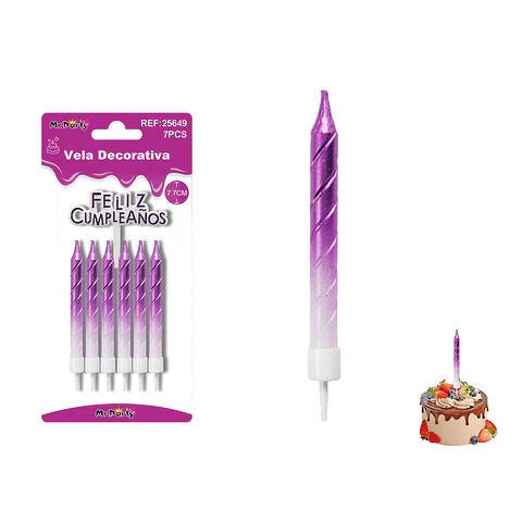 Velas espiraladas semimetalizadas moradas 7.7cm 6pcs