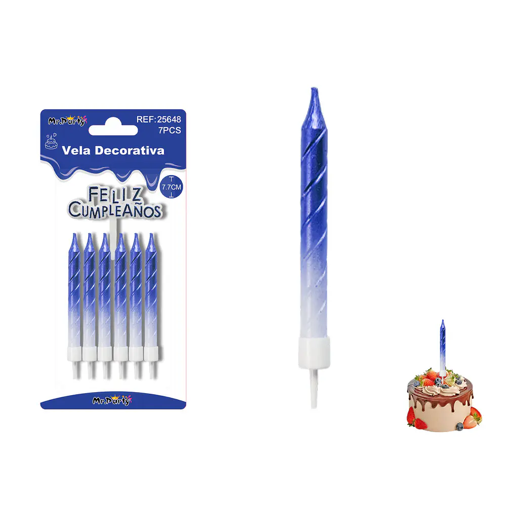 Velas espiraladas semimetalizadas azul 7.7cm 6pcs