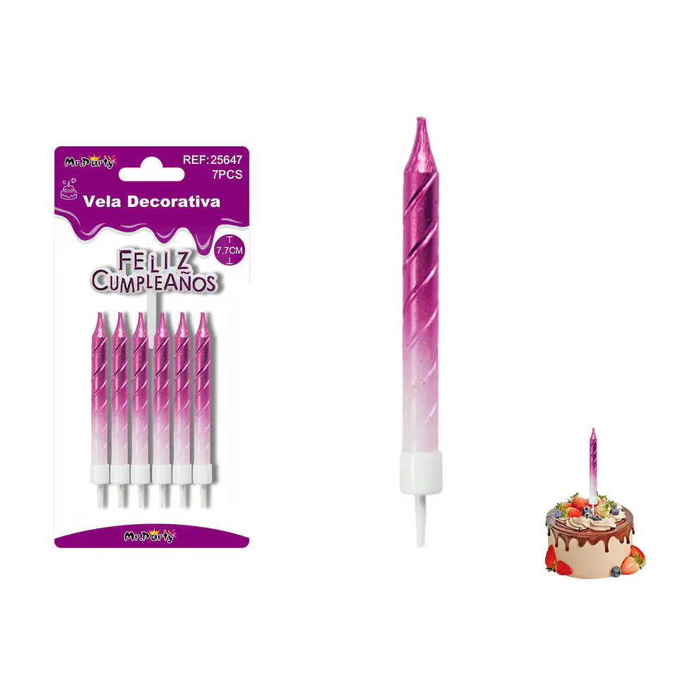 Velas espiraladas semimetalizadas fucsia 7.7cm 6pcs 1