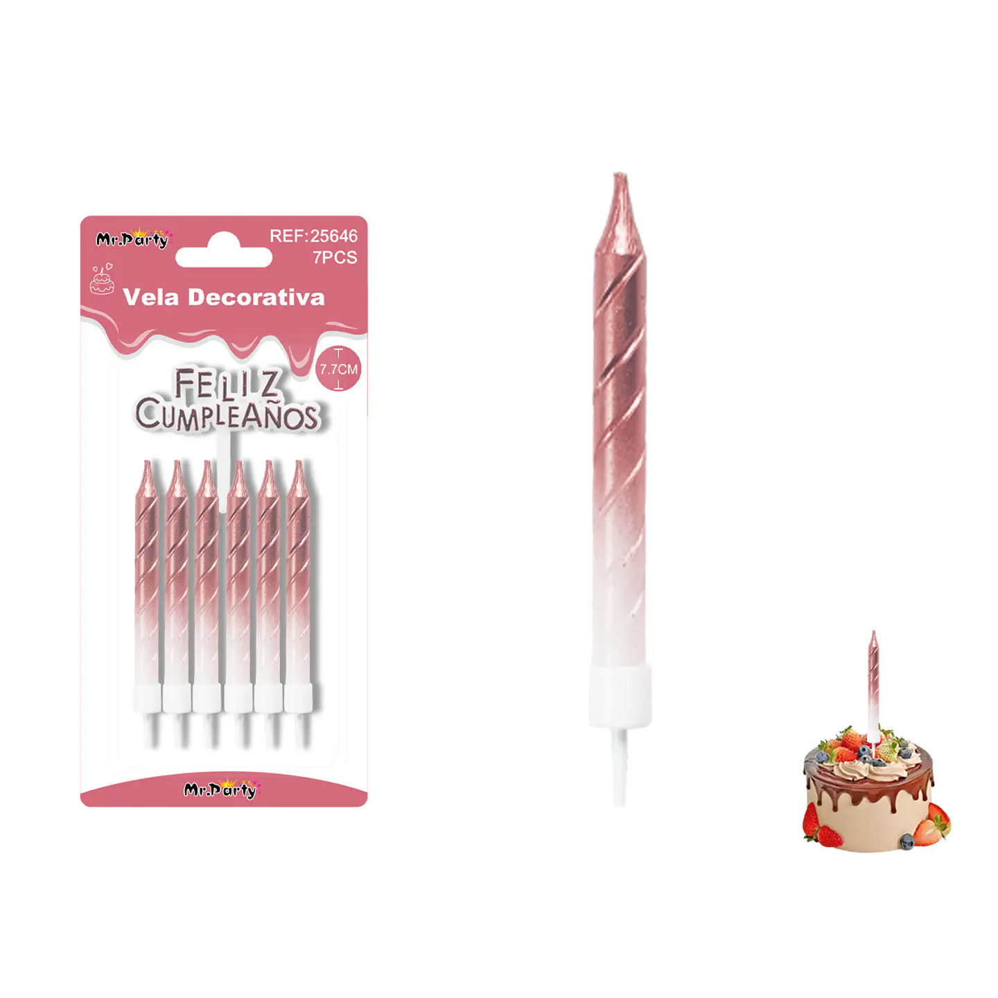 Velas espiraladas semimetalizadas rosadas 7.7cm 6pcs 1