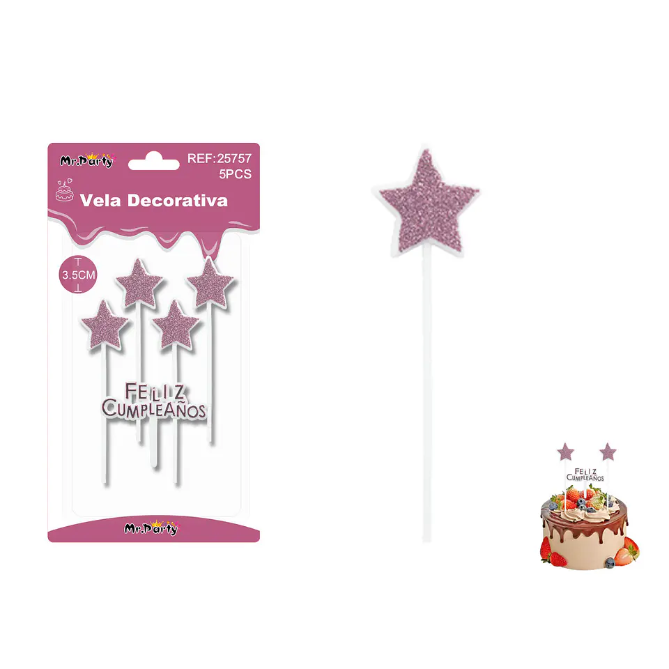 Velas estrella con brillo rosadas Feliz Cumpleaños 5pcs 1