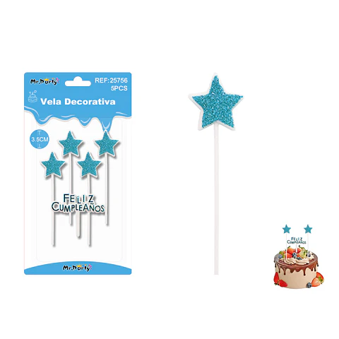 Velas estrella con brillo azules Feliz Cumpleaños 5pcs