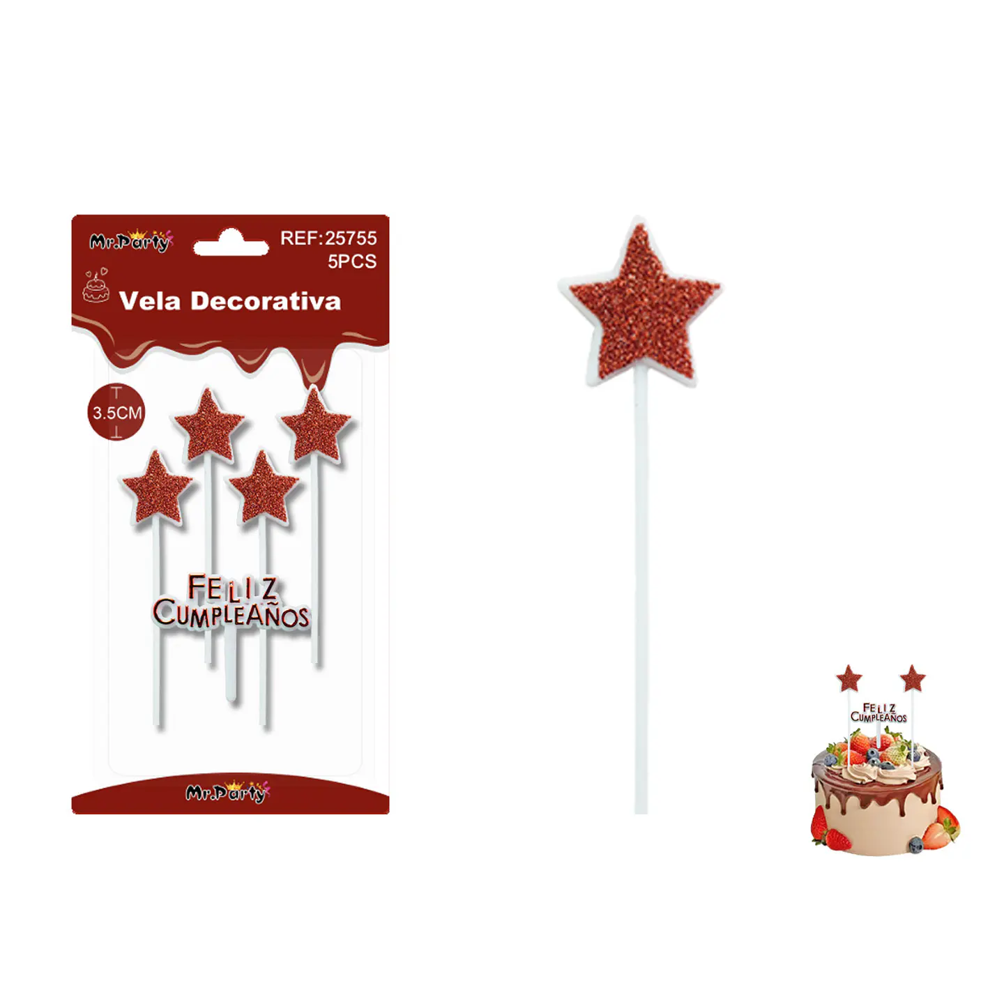 Velas estrella con brillo rojas Feliz Cumpleaños 5pcs 1