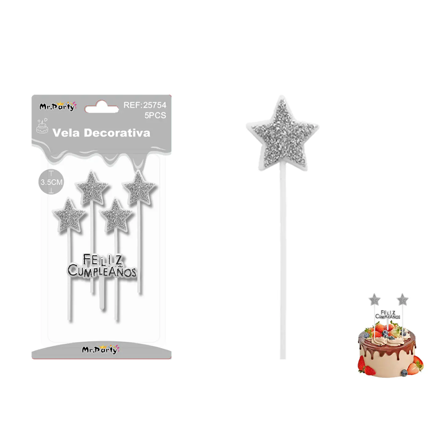 Velas estrella con brillo plateadas Feliz Cumpleaños 5pcs 1