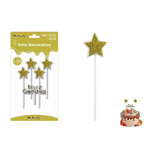 Velas estrella con brillo doradas Feliz Cumpleaños 5pcs