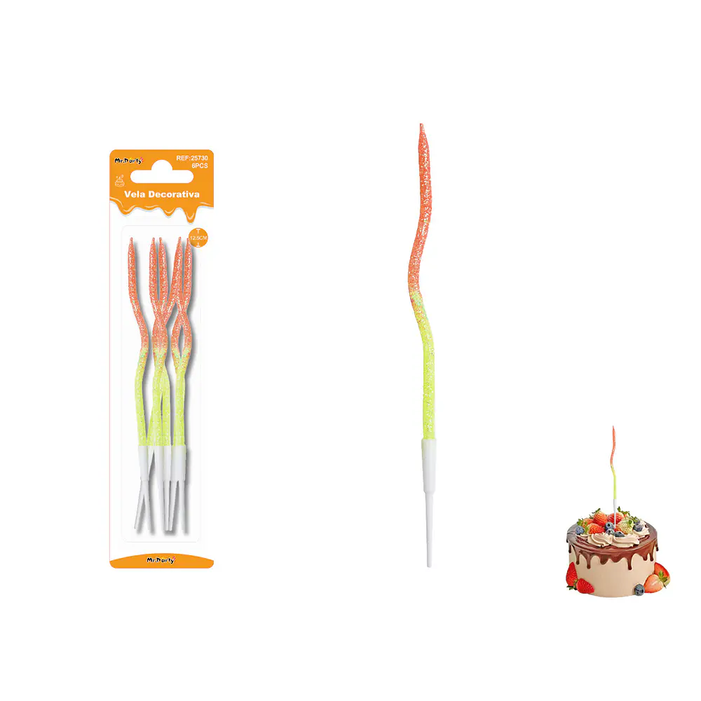 Velas curvas con brillo bicolor naranjo/amarillo 12.5cm 6pcs