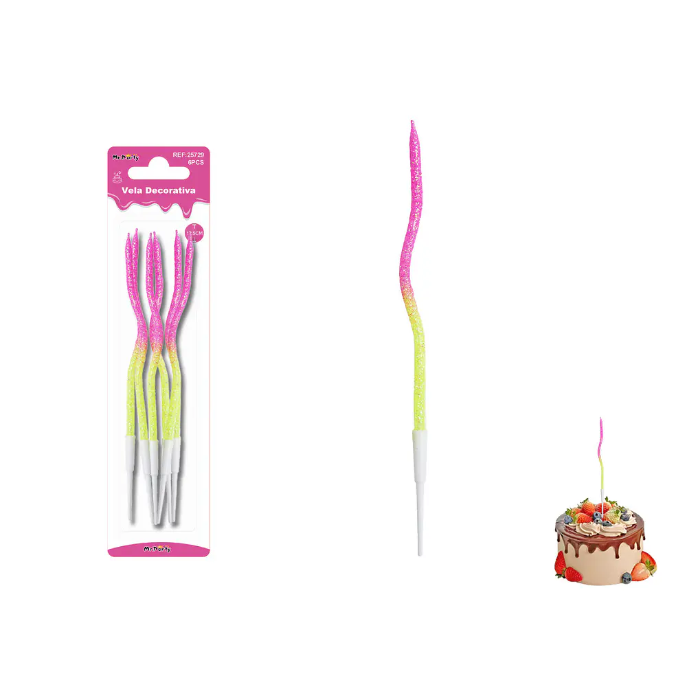 Velas curvas con brillo bicolor rosado/amarillo 12.5cm 6pcs